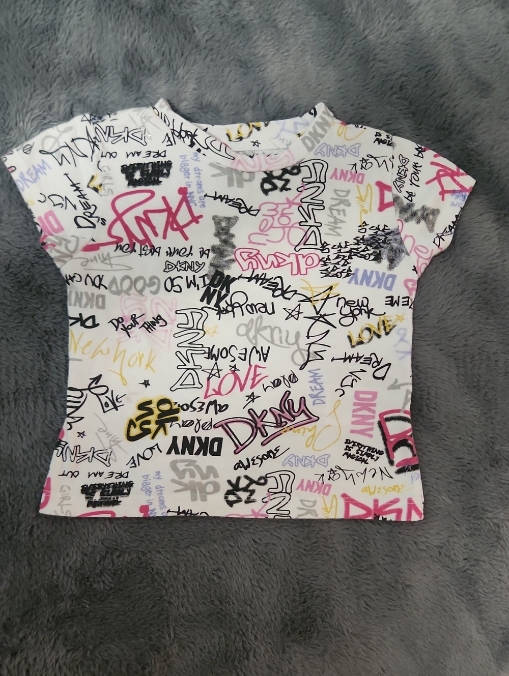 Dkny White Tee with Pink, Black & Yellow Graffiti Print